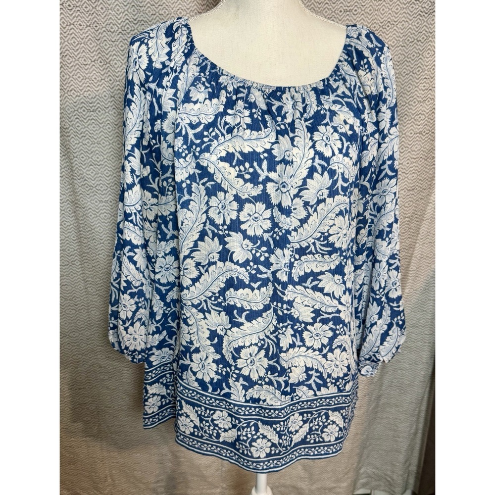CHAPS Blue White Floral Print Sheer Over Sizzled Long Sleeeve On Off Shoulder M